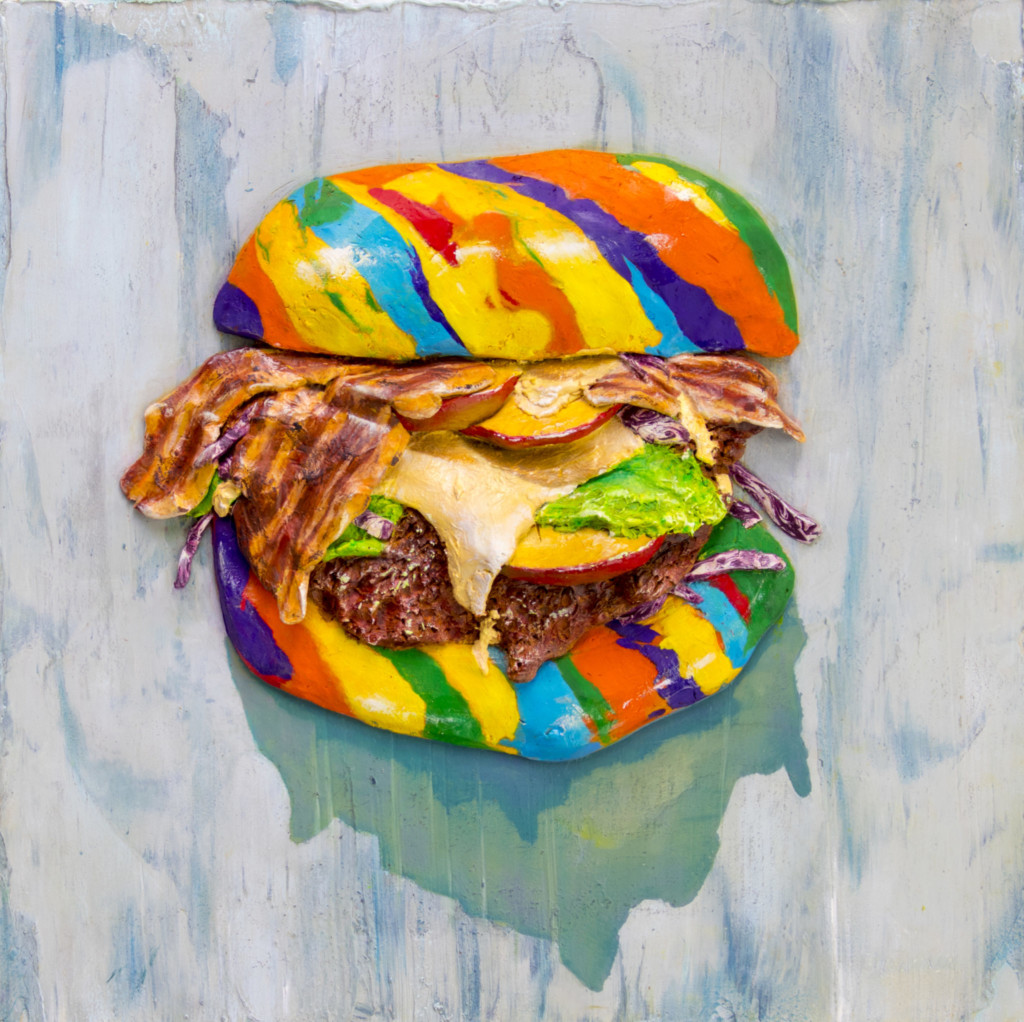An image of a rainbow-colored burger created by Hana Jung