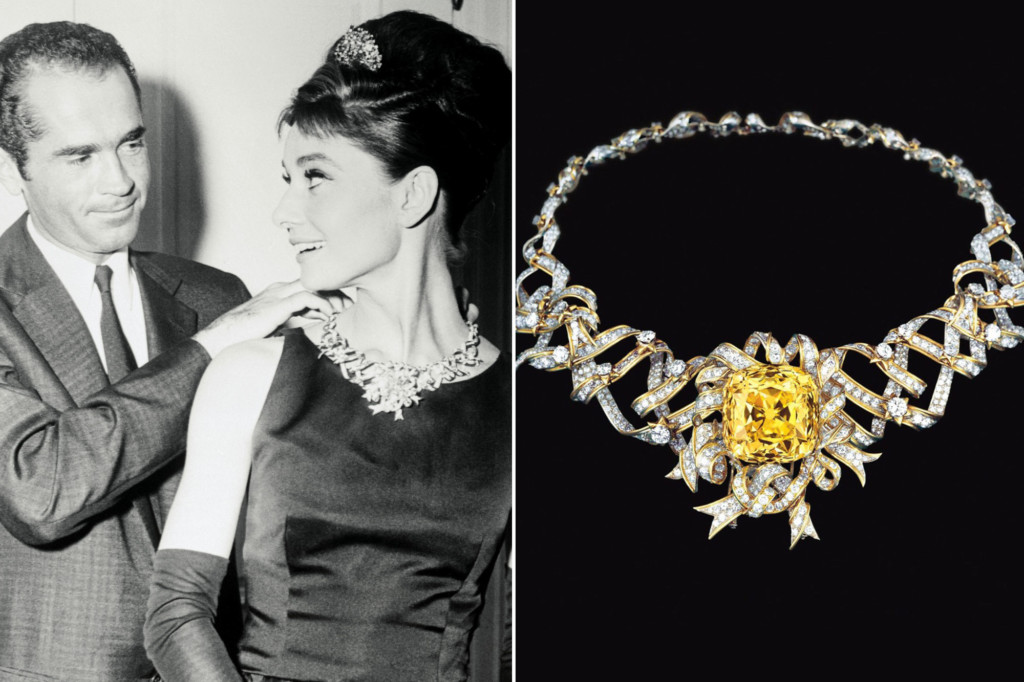 Audrey Hepburn wearing the Tiffany diamond, accompanied by a close-up of the diamond