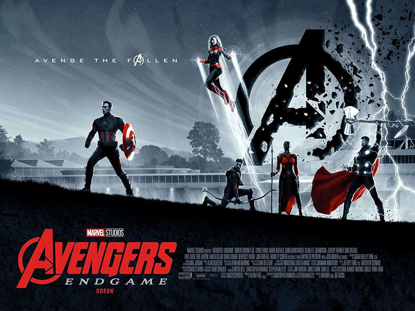 An image of the Avengers standing in a field, left to right: Captain America, Captain Marvel, Hawkeye, Okoye, and Thor