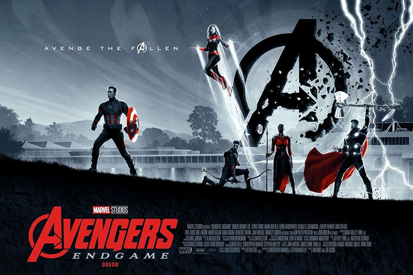 An image of the Avengers standing in a field, left to right: Captain America, Captain Marvel, Hawkeye, Okoye, and Thor