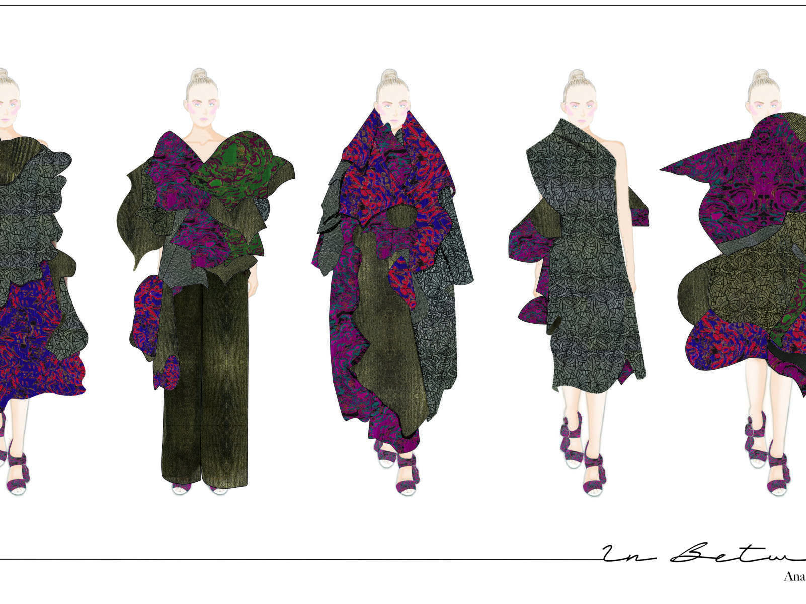 Five billowing outfits shaped like flowers by Ana Karen Juarez Ibarra