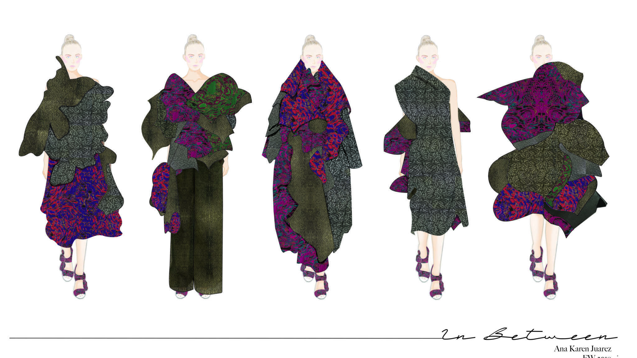 Five billowing outfits shaped like flowers by Ana Karen Juarez Ibarra