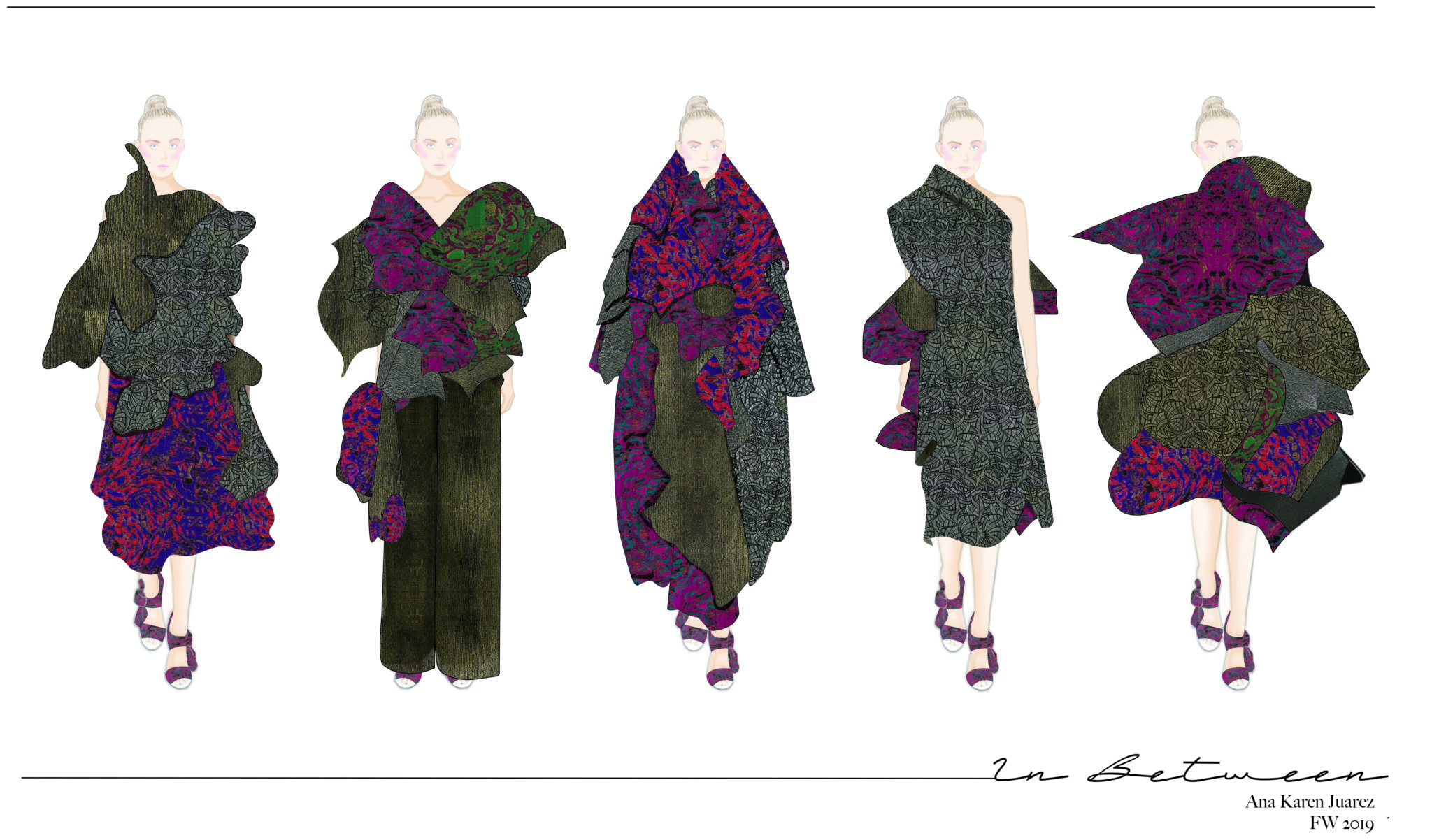 Five billowing outfits shaped like flowers by Ana Karen Juarez Ibarra