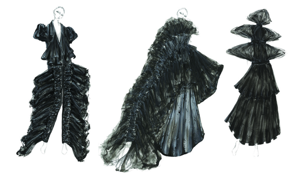 Design concepts of three ballgown-like outfits