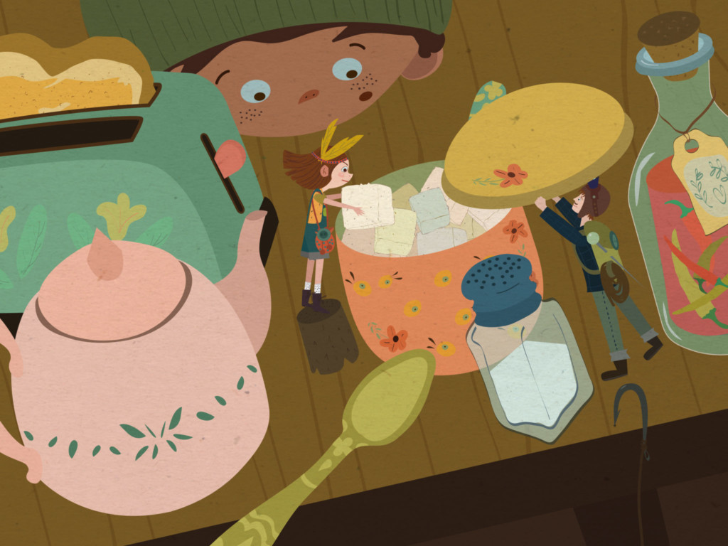 An illustration of miniature people surrounded by giant pots, pants, and cooking utencils
