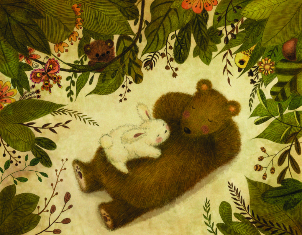 A drawing by Xiran Wang showing a bunny and a bear nap in a forest