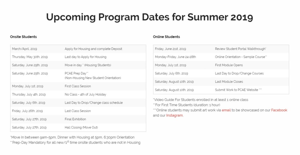 An image of the PCAE Summer Semester schedule, also available on the Summer PCAE site
