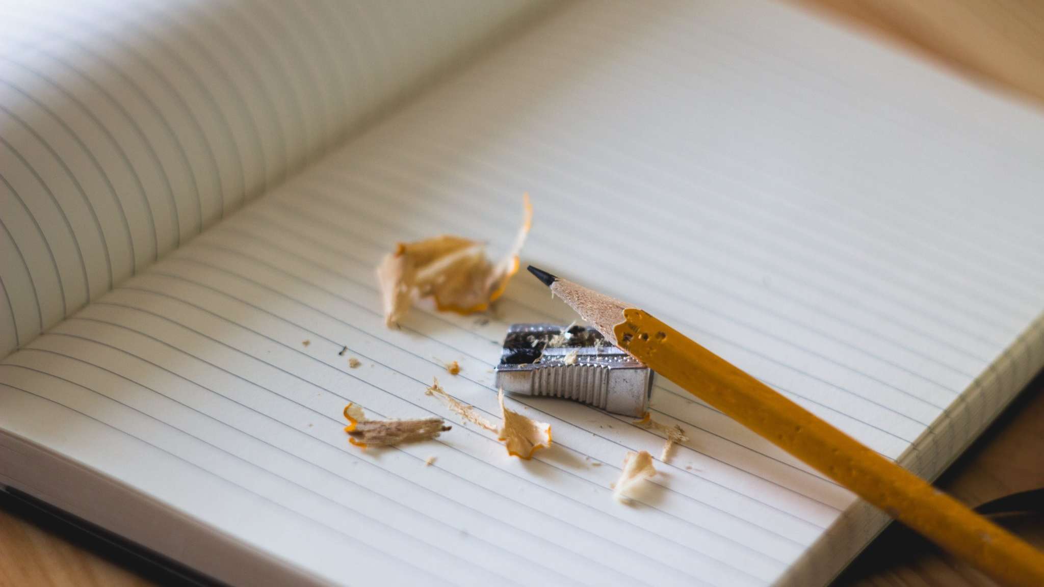 An image of a notebook with pencil shavings on top of it