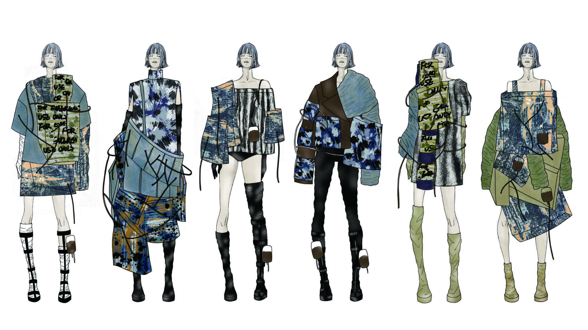 Lineup of various streetwear outfits by Jing Zhao