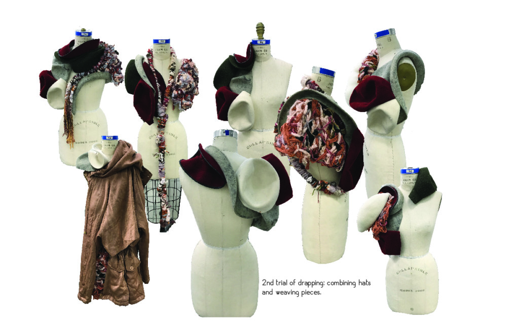 Draping test with hats and woven pieces on mannequins