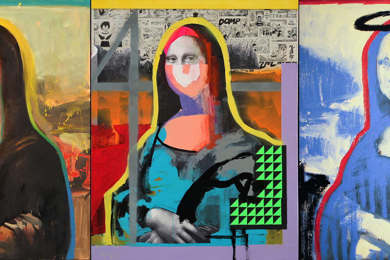 Three images of Mona Lisa painted in bright, popping colors