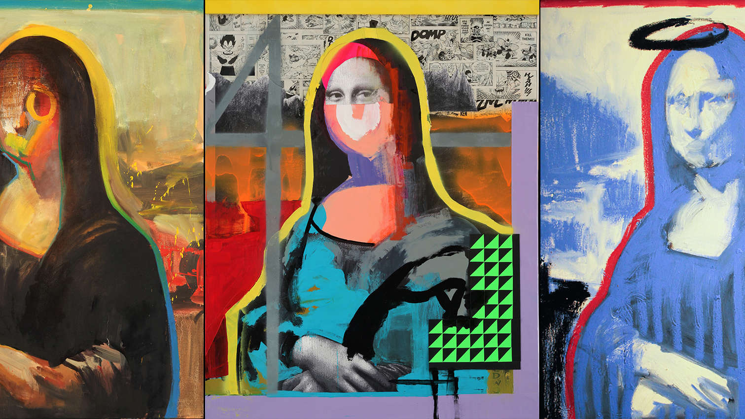 Three images of Mona Lisa painted in bright, popping colors