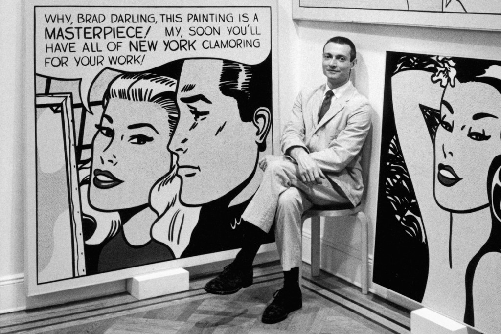 Roy Lichtenstein sitting beside his painting called Masterpiece