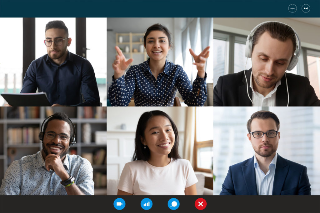 Six people featured on a computer screen video conference