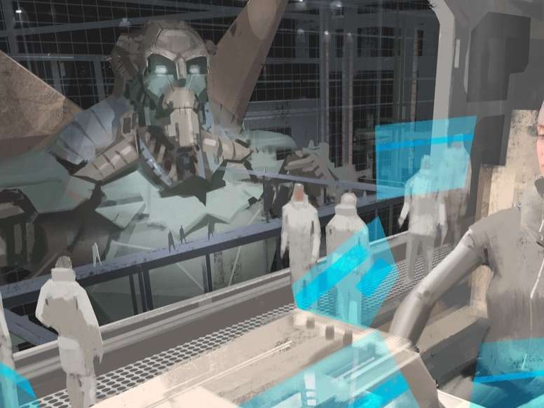 Drawing of futuristic woman in uniform sitting in a science fiction facility with fellow scientists and a large robot visible through a window
