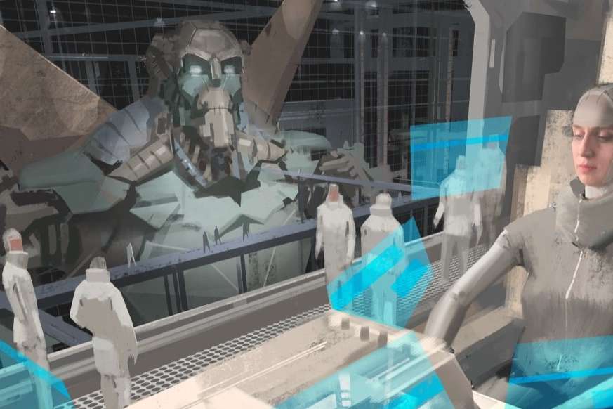 Drawing of futuristic woman in uniform sitting in a science fiction facility with fellow scientists and a large robot visible through a window