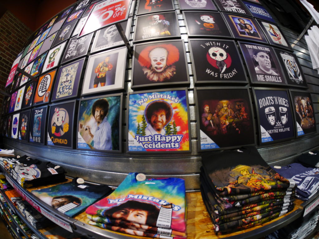 T-Shirt stand covered in vintage designs