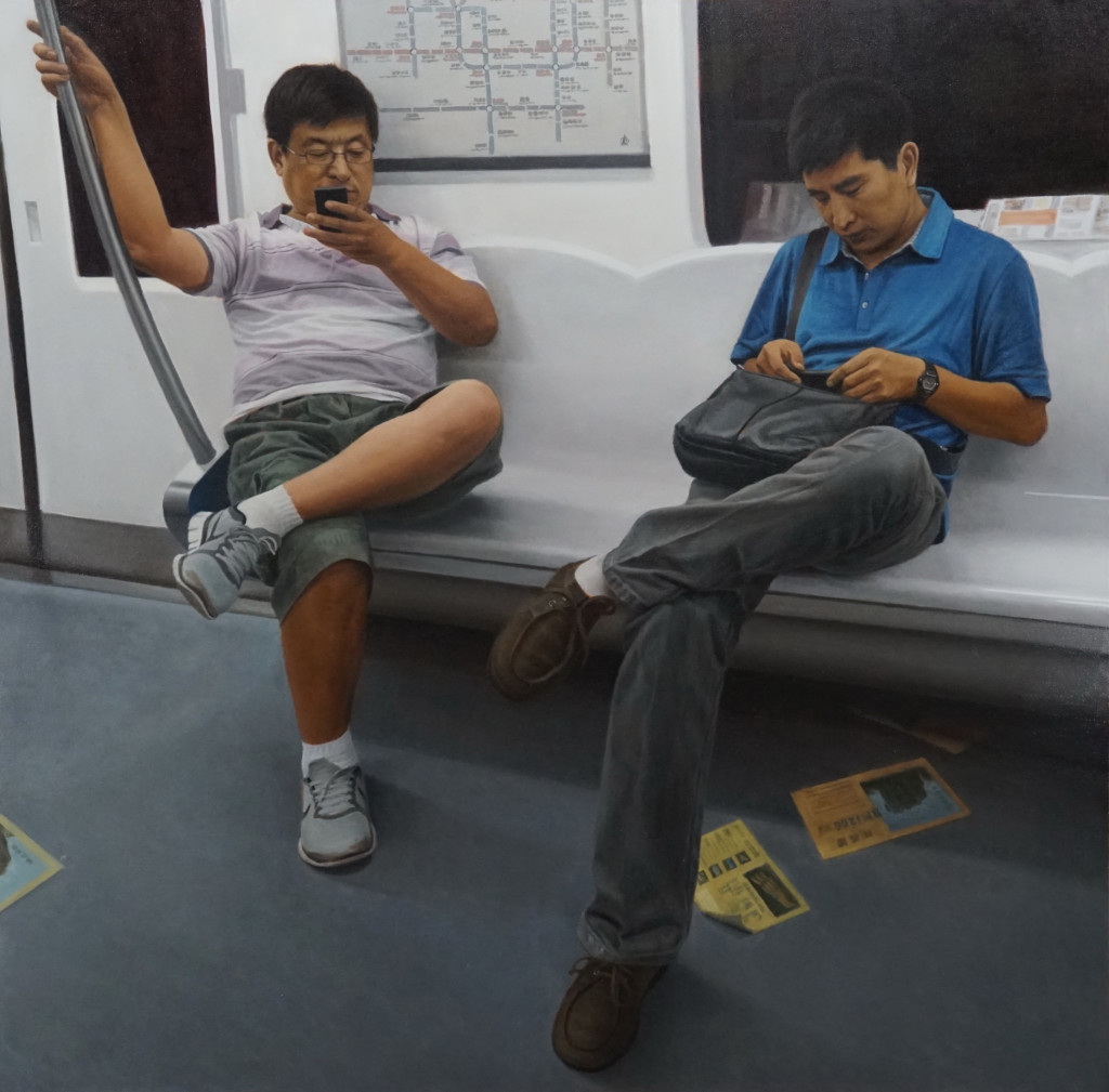 Painting of two men sitting on a subway, called “Subway” by Bing Zhang
