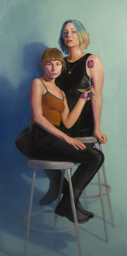 Painting of 2 women sitting close to each other, called “Together” by Christine Taylor