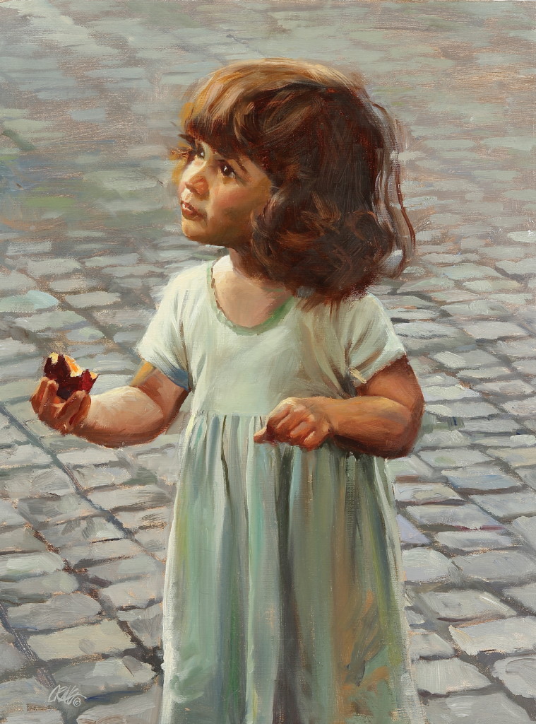 Painting of a small Roman girl standing in the street, looking up by Craig Nelson
