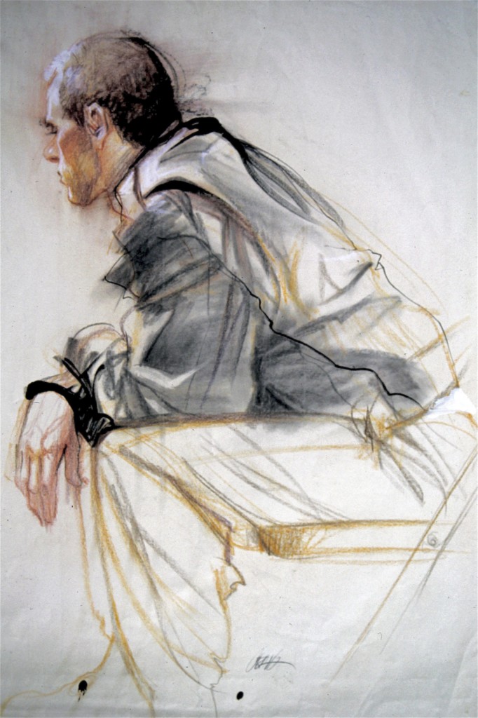 Painting of a man sitting, leaning forward by Craig Nelson