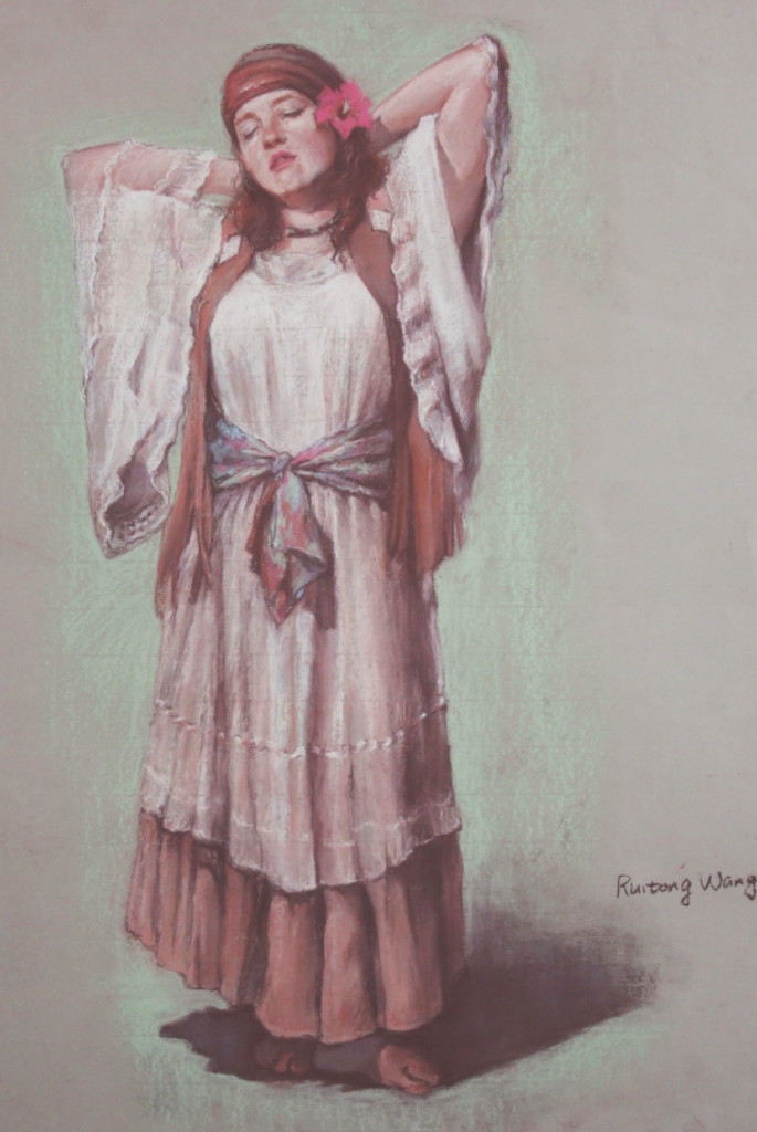 Painting of a women stretching in traditional dress by Ruitong Wang