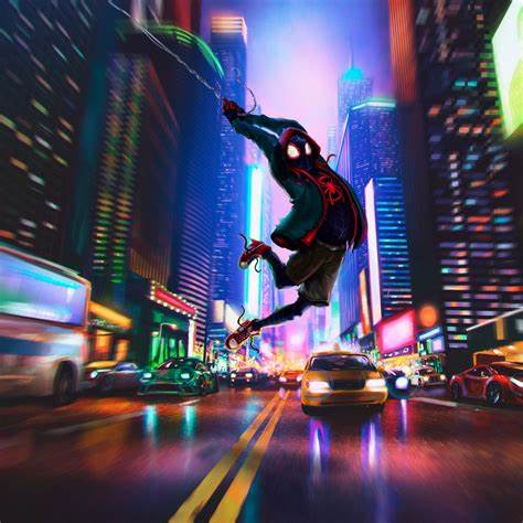 Picture of Spider Man swinging between buildings from Spider Man: Into the Spiderverse