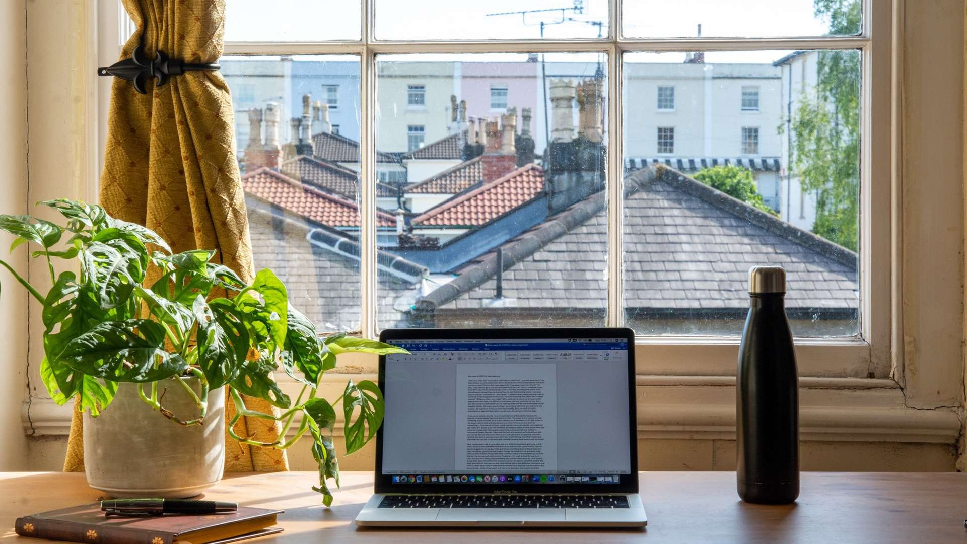 Work-at-home desk space with computer, potted plant and water bottle in front of a window in daytime