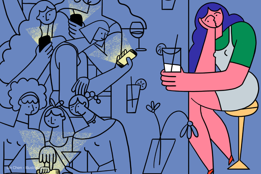 Illustration by Lin Chen of a woman drawn in color sitting at a counter drinking a lemonade in the present moment while other patrons are all in blue looking at their phones with the light from the screen shining in their faces.
